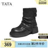 TATA他她靴子女2025冬季 靴百搭堆堆靴套筒黑色粗跟靴CHU01DZ5 时装