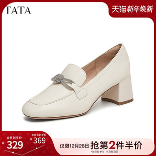 2025新款 通勤一脚蹬真皮单鞋 7BC24AA5 女鞋 TATA他她粗跟气质乐福鞋