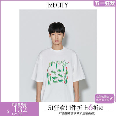 MECITY男士夏季新款宽松休闲纯棉印花落肩T恤短袖男508452