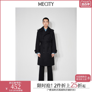 MECITY男新款 翻领休闲风衣外套男534241 斜纹羊毛中长款