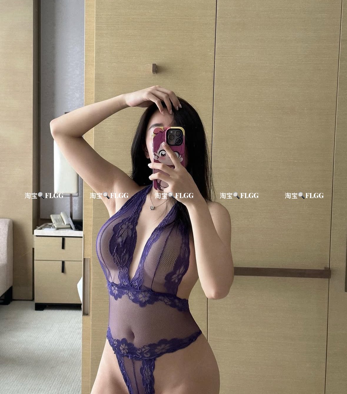 FLGG性感蕾丝透明紧身紫色网纱连体居家内衣文胸套装