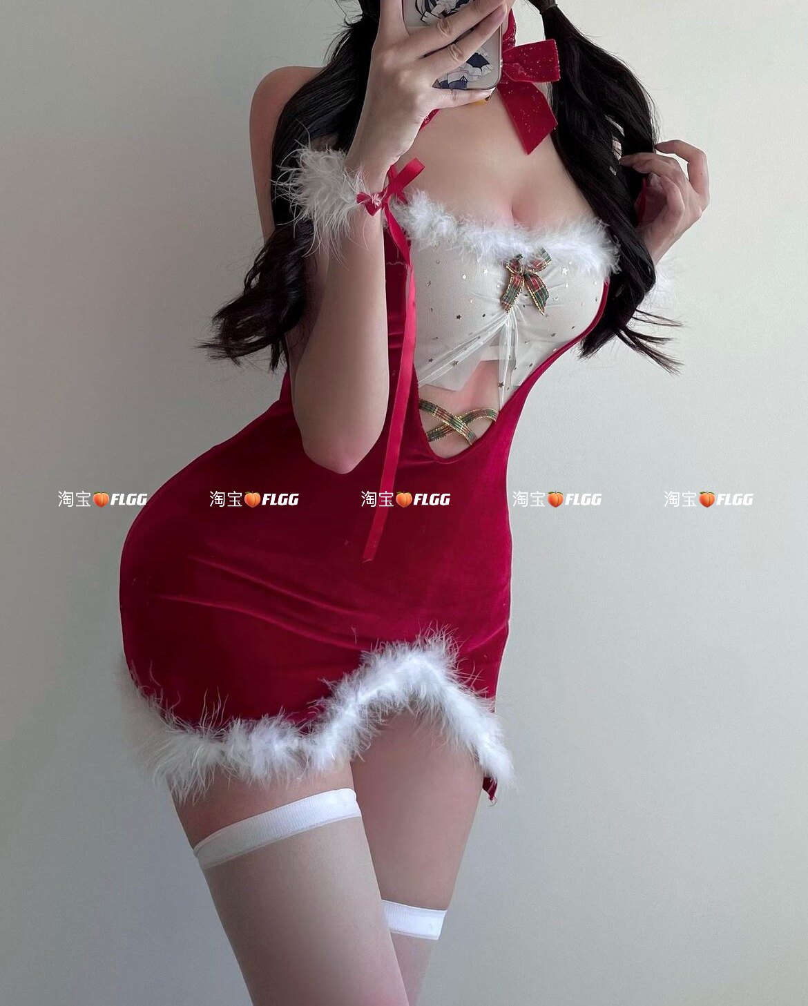 FLGG新年毛毛透纱套装性感内衣高级制服圣诞跨年居家内衣套装