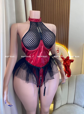 FLGG欧美性感PU漆皮网格接拼挂脖内衣网纱蓬裙摆吊袜带连体衣可解