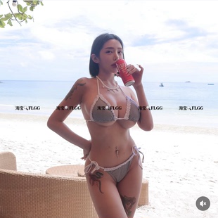 FLGG韩版 Bikini 性感小方格挂脖系带亚马逊沙滩三点比基尼泳装