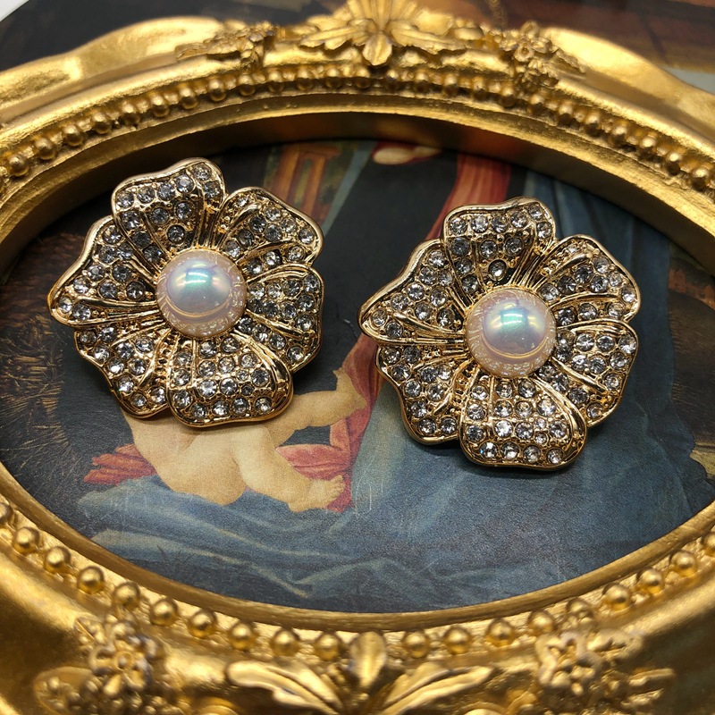 西洋中古耳饰玫瑰花造型满钻银针耳钉耳夹复古宫廷马贝珍珠饰品