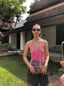 THESUMEY拼色针织吊带背心女2023夏季新款设计感V领上衣设计感