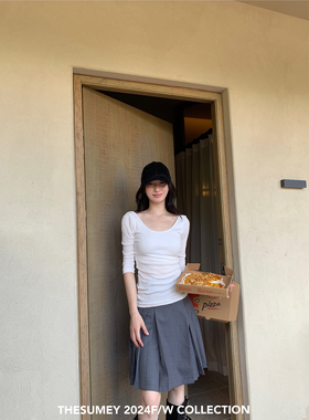 THESUMEY 白色大U领正肩七分t恤女薄款2025春季新款修身简约上衣