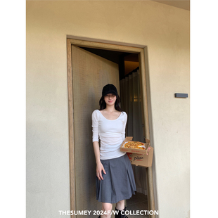 修身 THESUMEY 新款 白色大U领正肩七分t恤女薄款 简约上衣 2025春季