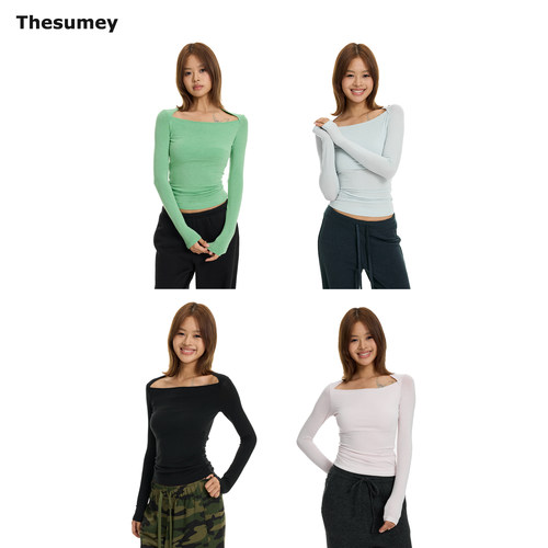THESUMEY 羊绒针织衫t恤女秋冬修身方领长袖内搭打底衫高级感上衣