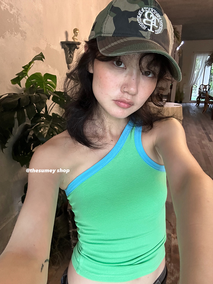 THESUMEY 2024夏季新款设计感斜边单肩显瘦修身针织吊带背心上衣