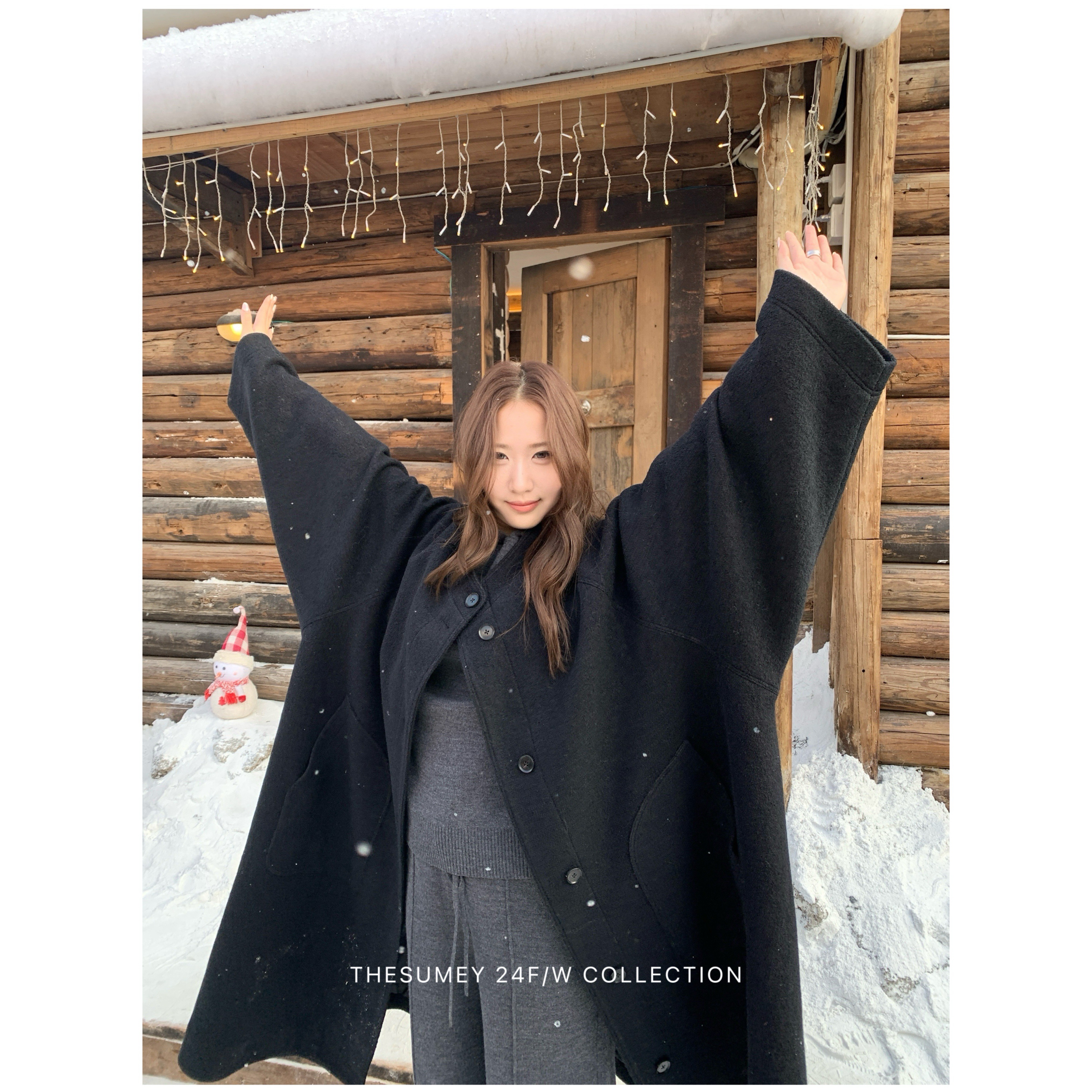 THESUMEY圆领双面呢子大衣女秋冬2024新款宽松小个子长款毛呢外套