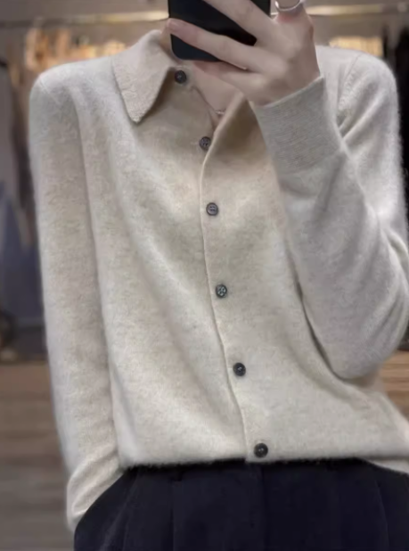 秋冬款100羊绒衫女开衫衬衣领精致POLO领长袖毛衣羊毛打底针织衫