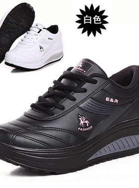 摇摇鞋女春秋皮面厚底旅游鞋黑白女鞋运动妈妈鞋软底波鞋女单鞋