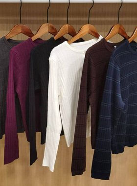 481408 478336 秋季女装精纺美利奴羊毛罗纹圆领条纹针织衫短开衫