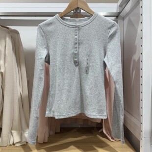 罗纹亨利领长袖 女装 T恤 单排扣修身 479591 显瘦打底衫 487908新款