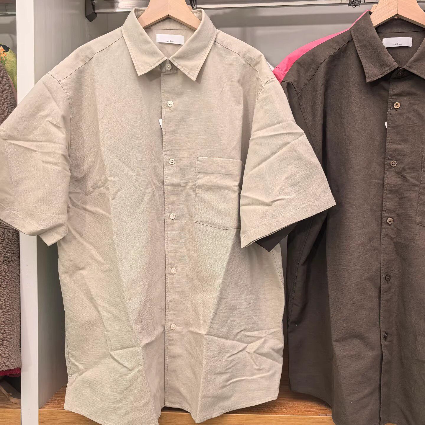 482502 夏季新款男装女装棉麻短袖衬衫纯色休闲短袖衬衣宽松上衣