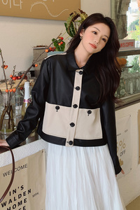 【新品】小个子西装式拼色PU皮外套270-2302-P125控188图片