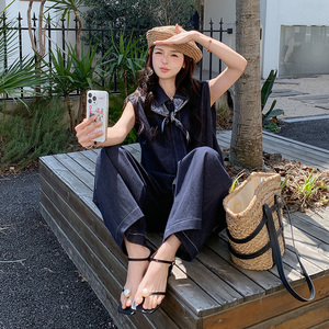 休闲气质无袖牛仔上衣阔腿裤套装女夏2025新款大方得体穿搭两件套图片