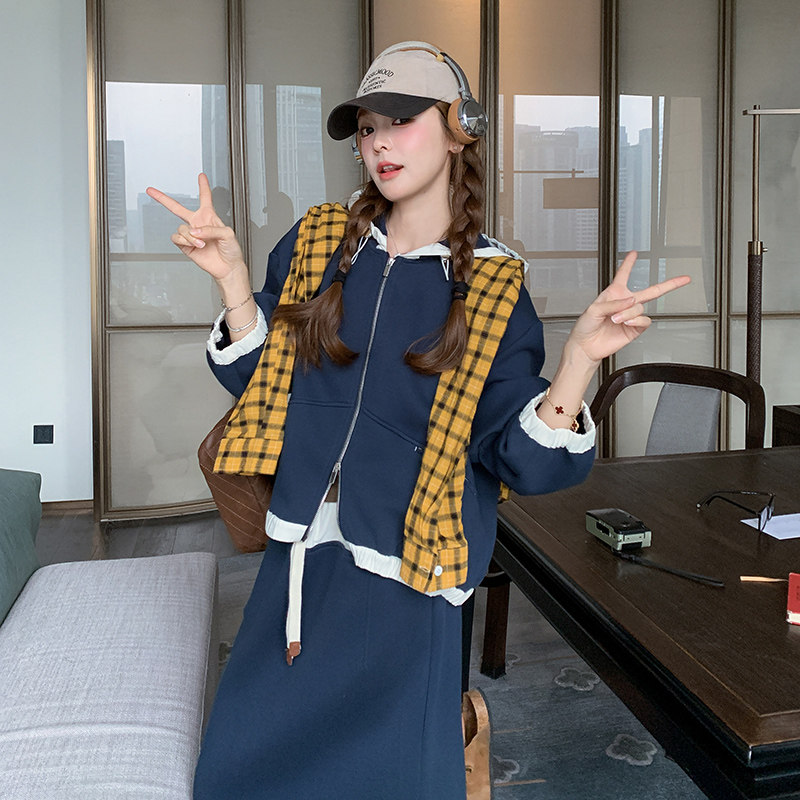 【新款】藏青色拼接休闲减龄连帽卫衣套装270-8206P165控238,女装套装/套裙,浙宝270