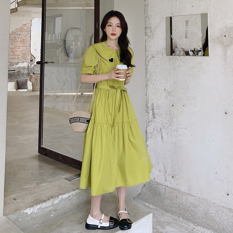 法式绿色娃娃领连衣裙女夏季2025新款温柔风小众设计收腰别致长裙,女装连衣裙,浙宝270