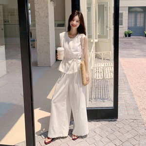 白色高级感小众气质套装女2025夏季新款花边背心上衣阔腿裤两件套图片