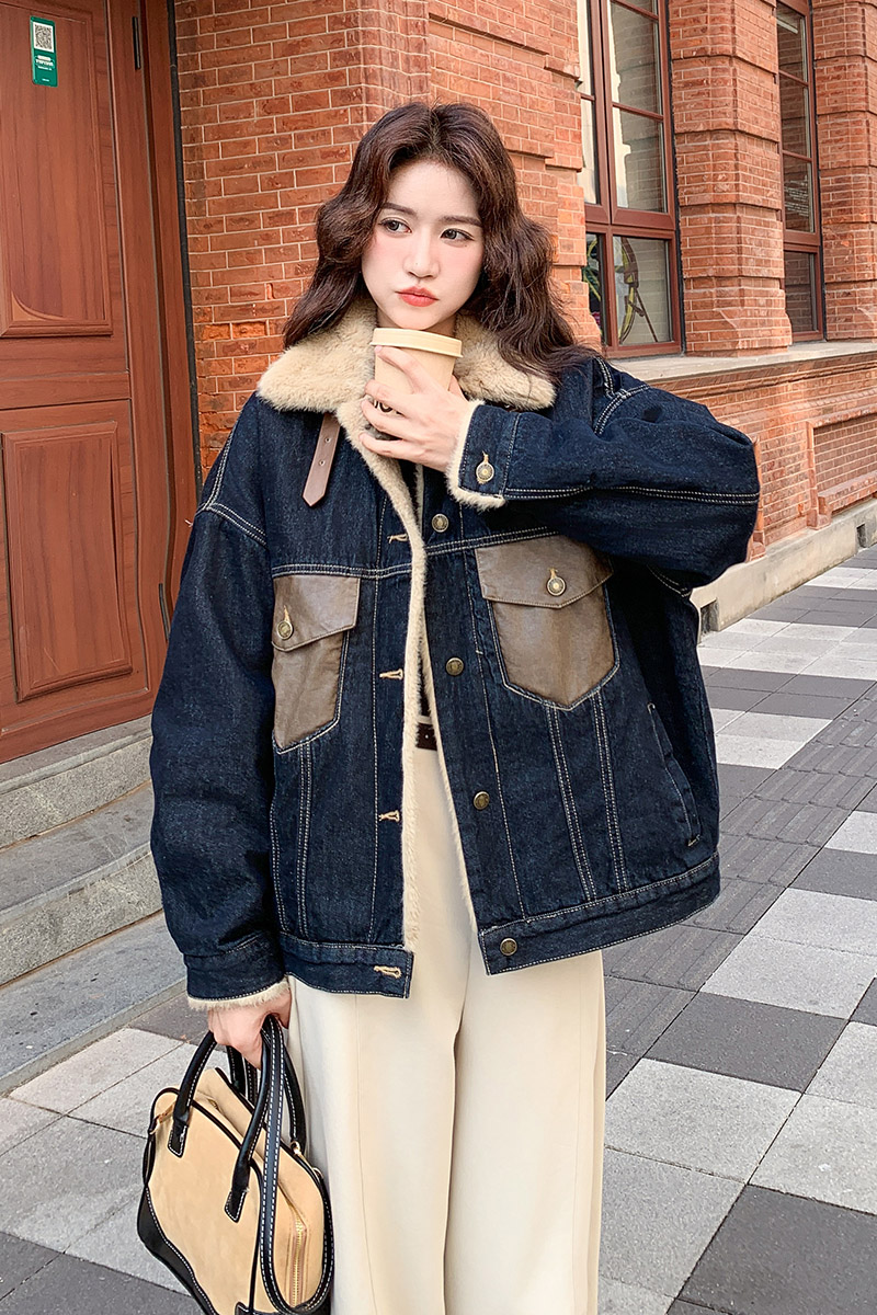 【新款现货】毛绒拼接牛仔小个子派克外套270-7111P205控278,女装短外套,浙宝270