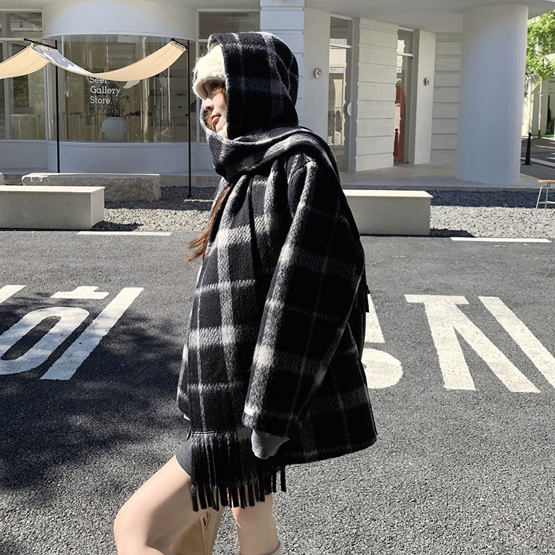 【新款】现货格子连帽围巾双面毛呢大衣270-7103P265控368,女装毛呢外套,浙宝270