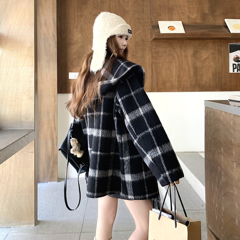 【新款】现货格子连帽围巾双面毛呢大衣270-7103P265控368,女装毛呢外套,浙宝270