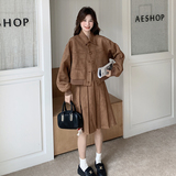 【25新款】美拉德麂皮绒翻领外套百褶裙两件套270-2502P175控248，女装套装/套裙，浙宝270
