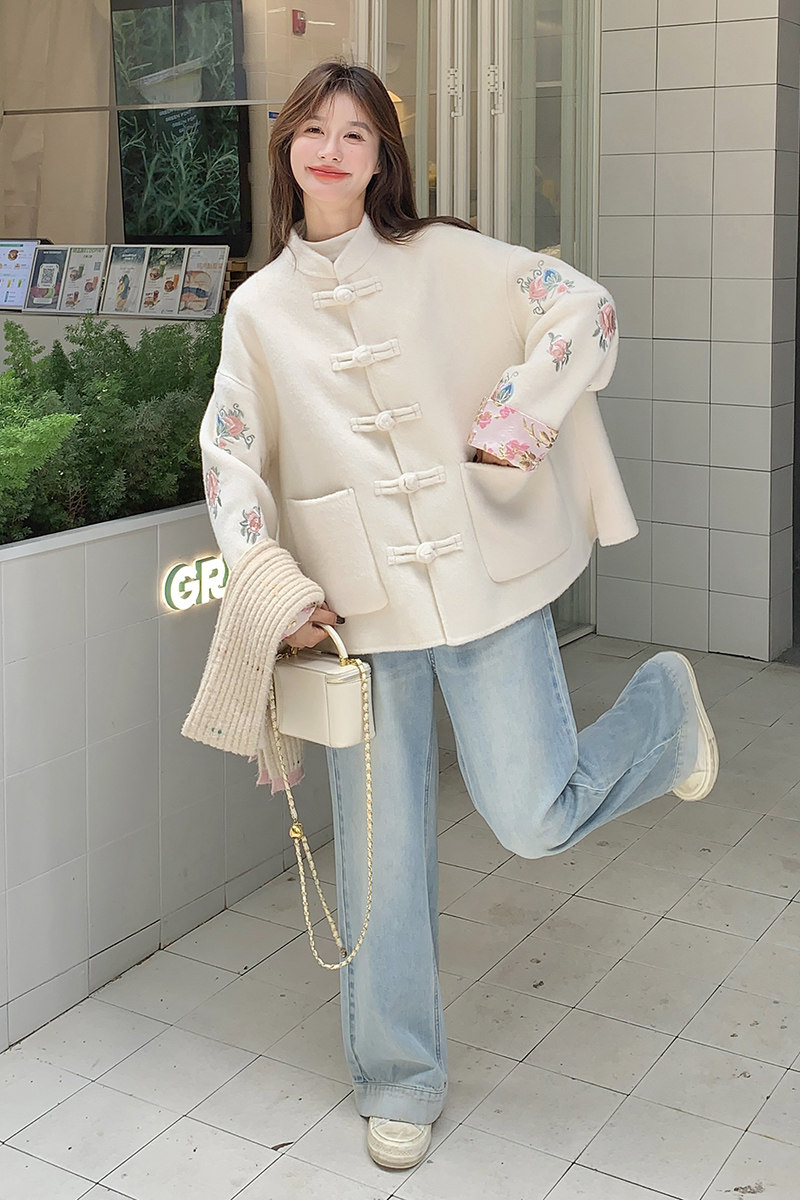 【新款】现货新中式刺绣拼色双面毛呢大衣270-7102P275控378,女装毛呢外套,浙宝270
