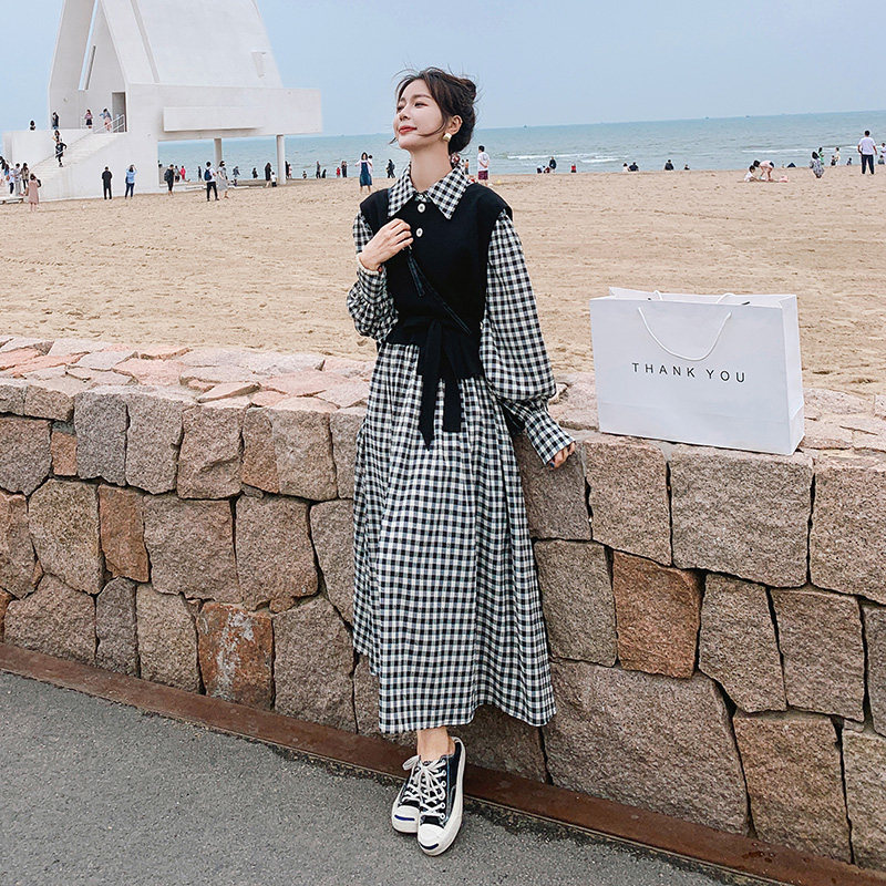 【现货】22春新黑白格带马甲两件套长袖连衣裙312-F26-P125控178，女装连衣裙，浙宝270