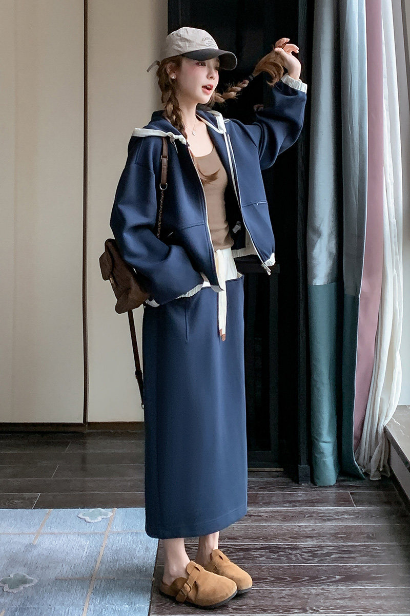 【新款】藏青色拼接休闲减龄连帽卫衣套装270-8206P165控238,女装套装/套裙,浙宝270