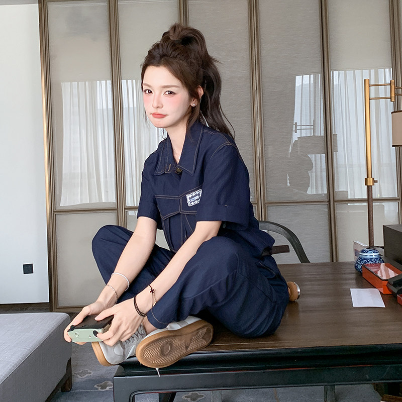 夏季薄款牛仔连体裤女2025爆新款韩版休闲小个子工装半袖连身裤子,女装连体裤,浙宝270