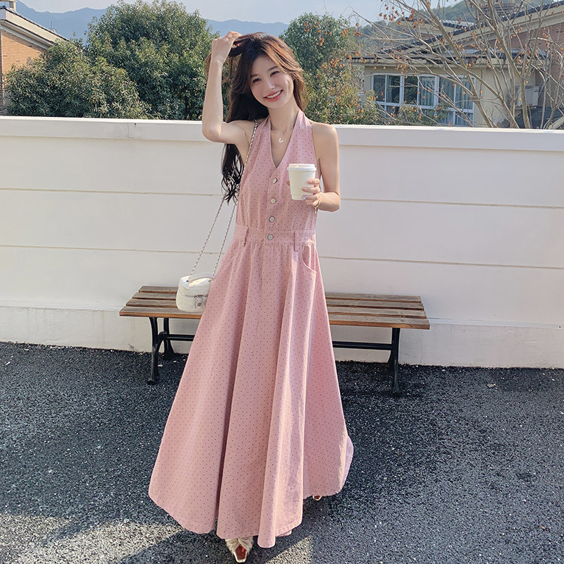 粉色露背小心机辣妹挂脖长裙夏季新款纯欲风收腰显瘦气质连衣裙女,女装连衣裙,浙宝270