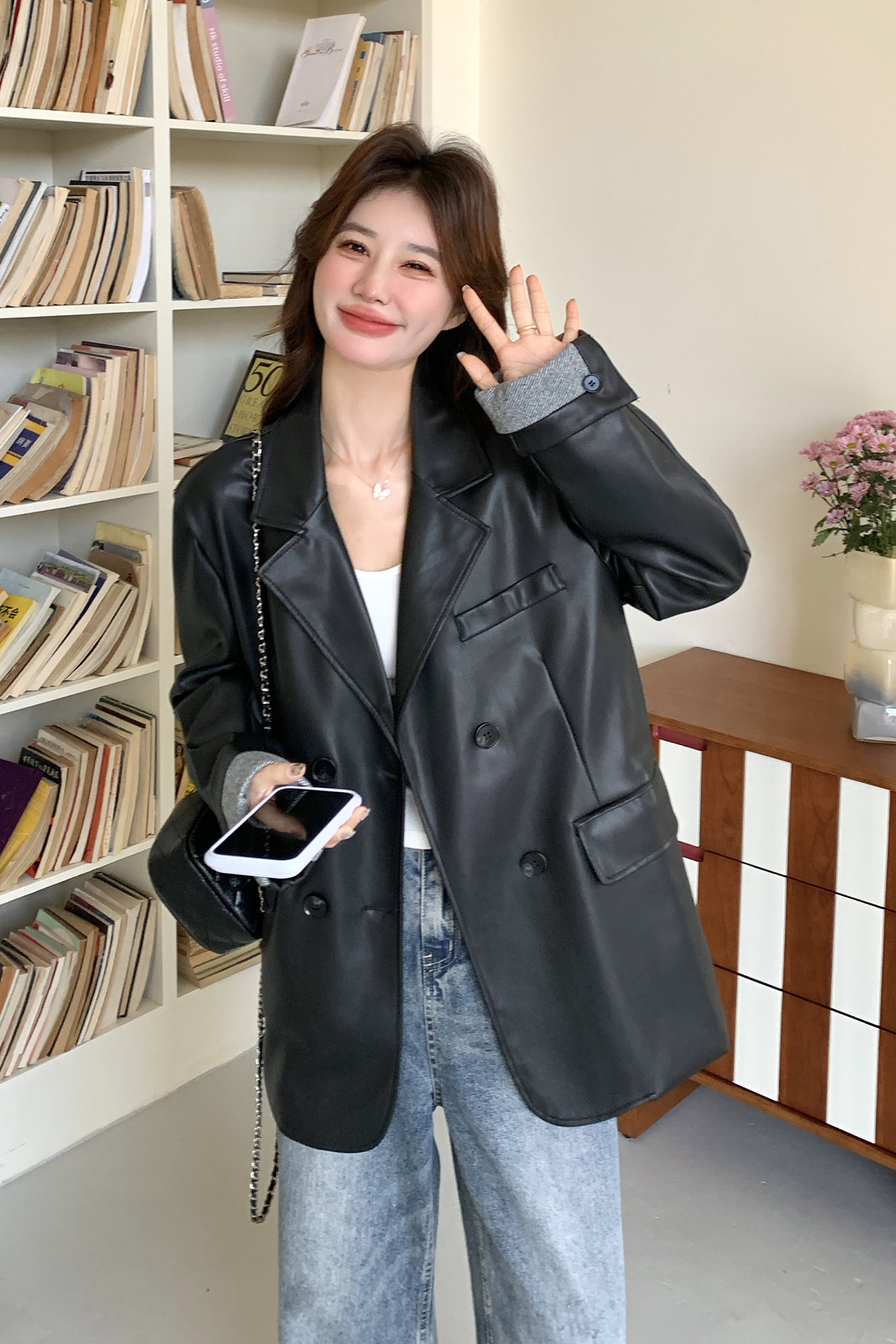 【26新款现货】黑色PU皮西装袖口拼接外套270-7208P165控268,女装短外套,浙宝270