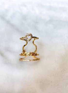 外贸饰品指环潮流时尚高档镶嵌锆石精致黄铜镀真金爱心字母戒指