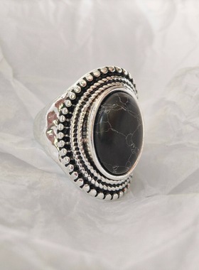 青岛外贸饰品中古指环金属质感椭圆形宝石黑色石头复古宫廷风戒指