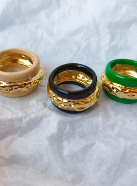 青岛外贸饰品指环镀真金黄铜材质质感气质高档珐琅彩两面滴釉戒指