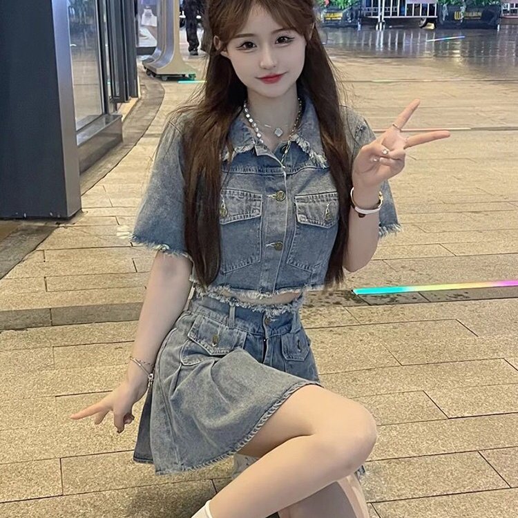 实现货牛仔套装裙女夏季高腰小个子甜辣短裙水洗毛边两件套连衣裙