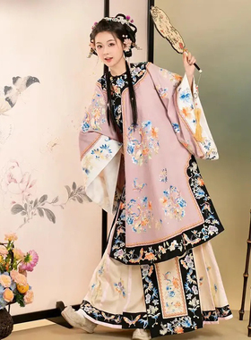 唐韵原创格格服清汉女复原对襟斜襟圆领民族服装重工印花马面秋款