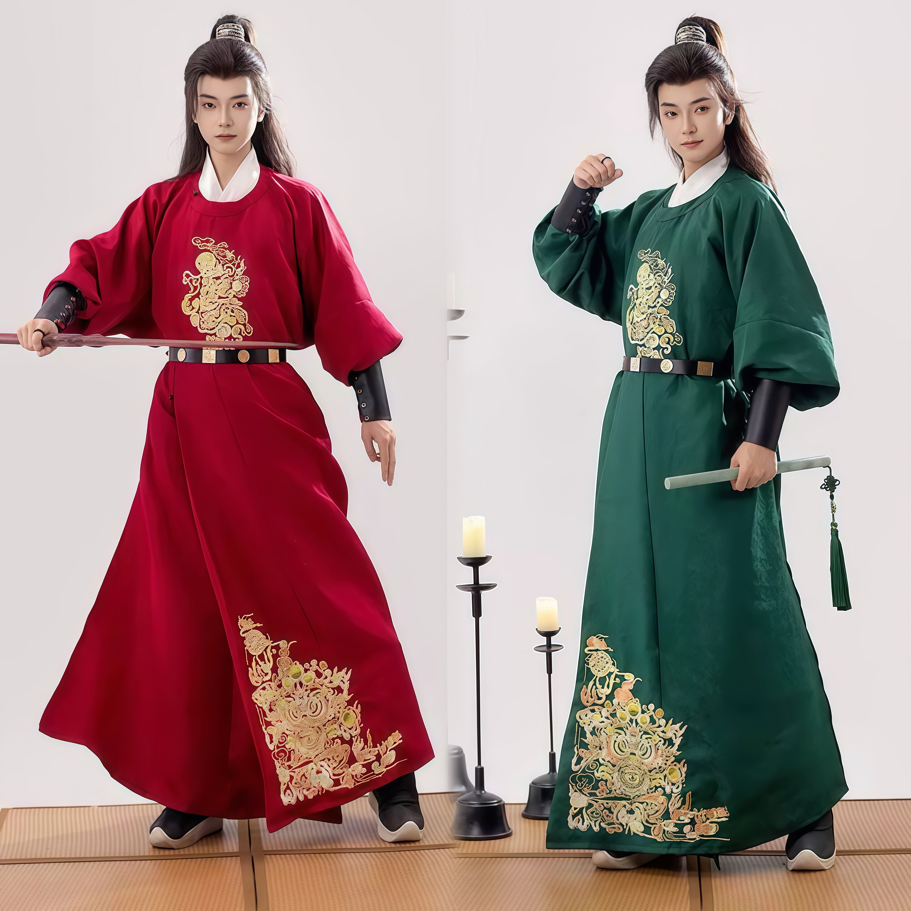 唐制汉服圆领袍醒狮春秋绣花