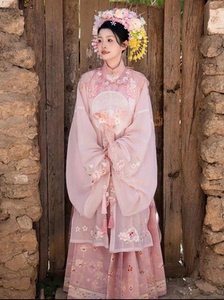 明制汉服新中式女装国风粉色云肩立领对襟长衫马面裙套装2024新款