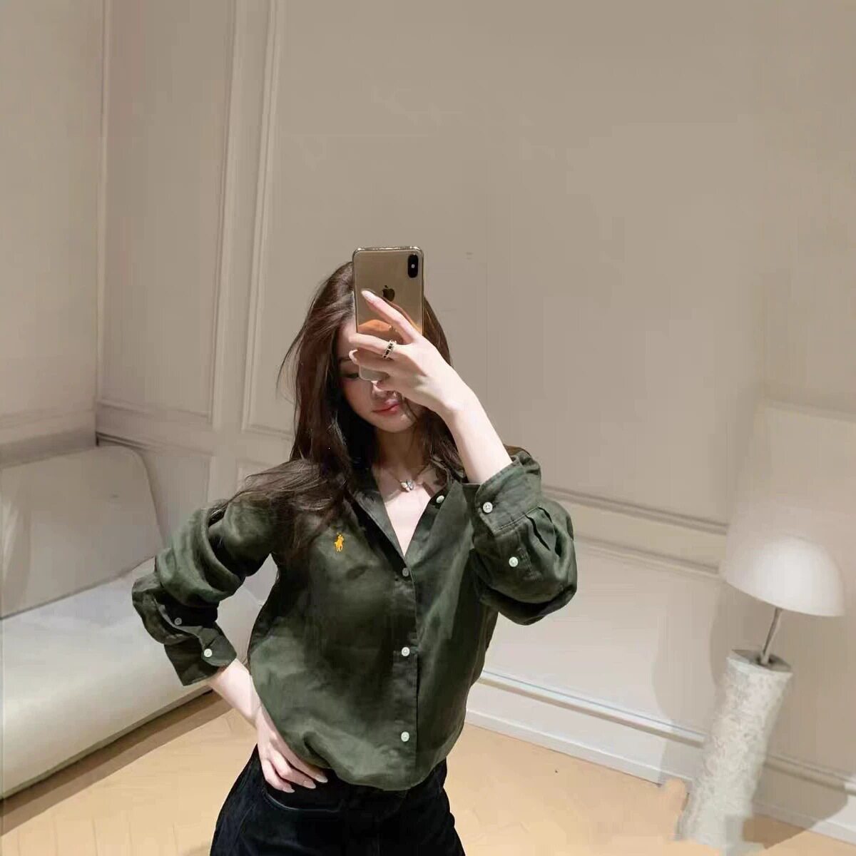 小马标刺绣宽松亚麻气质休闲百搭初秋长袖衬衣女