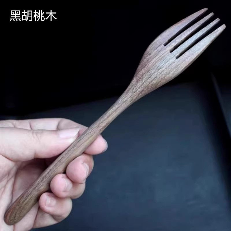 北美黑胡桃木叉子无蜡长柄日式木制餐具家用沙拉叉木质吃面餐叉