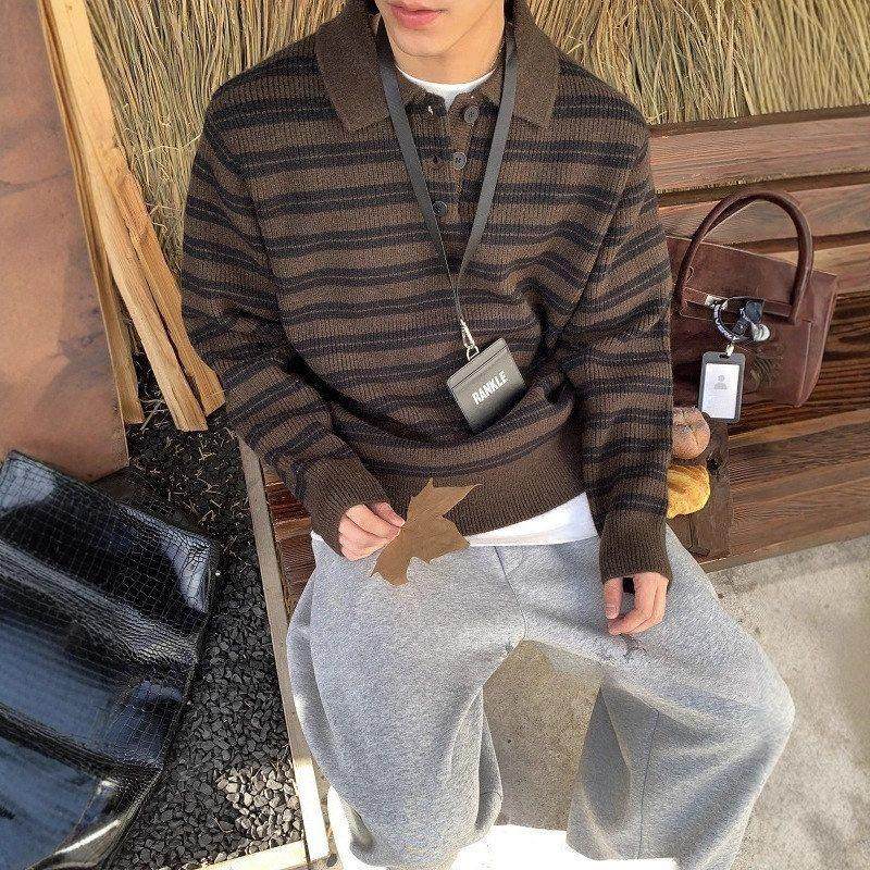 外套olo美拉德毛衣咖色搭线衣条纹针织衫男士慵懒p内秋冬领高级感