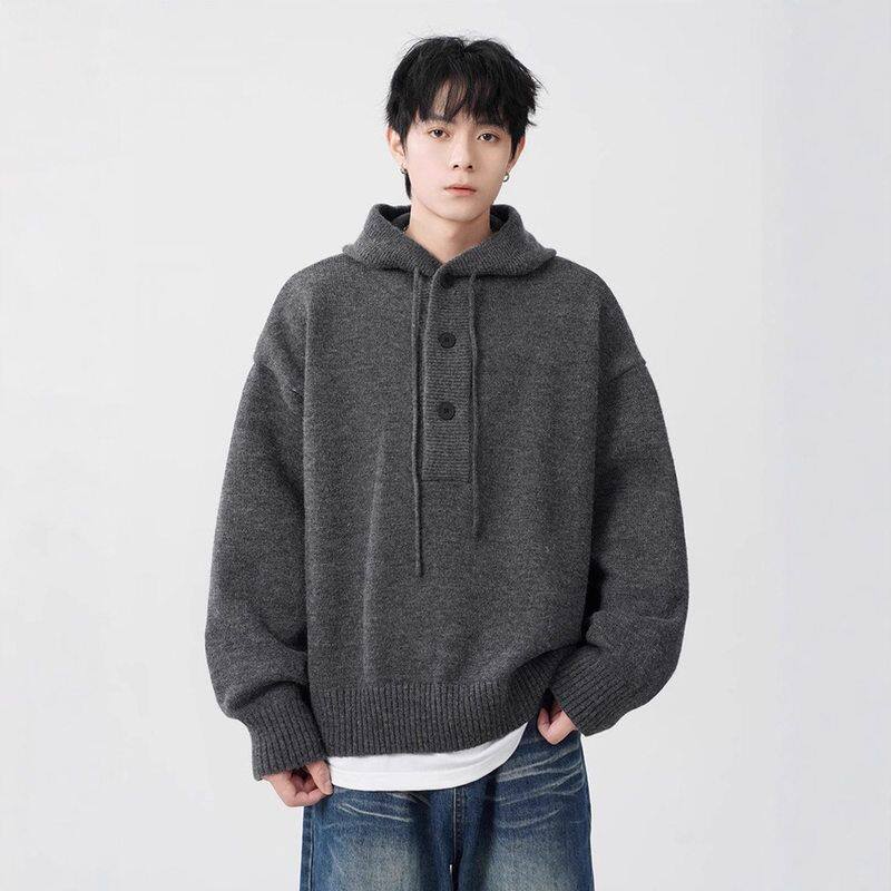 高级感宽松慵懒秋冬外套重磅休闲美式灰色针织衫男女潮牌毛衣连帽