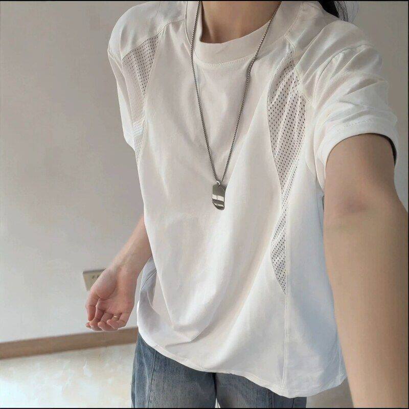 短袖运动半袖拼接透气白色夏季T恤男款螺纹网眼冰丝美式速干正肩