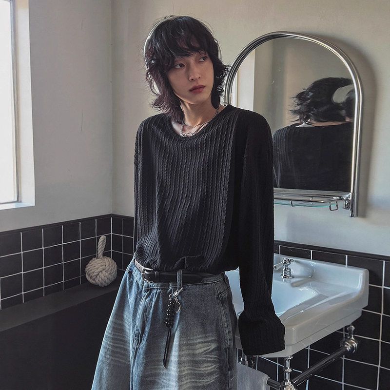 韩系上衣T恤风通勤圆领宽松春秋女士冬季长袖男百搭高级感打底衫