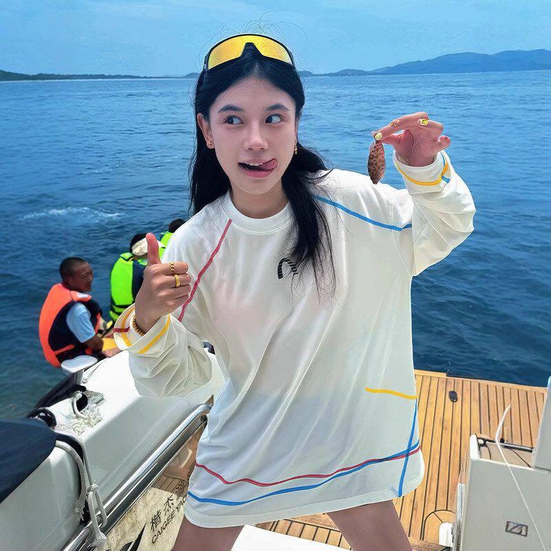 白色户外运动男骑行服羽毛球长袖衣防晒女款罩衫美式漂流t恤速干