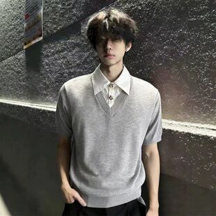 领高级感针织衫男款老钱假两件t恤风袖olo知识分子v夏季短袖p半截